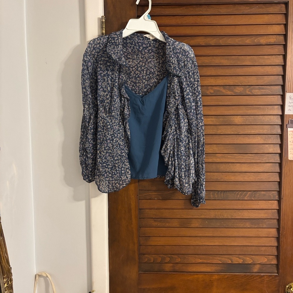 Lucky Brand Blue Floral Sheer Blouse with Solid Blue Cami